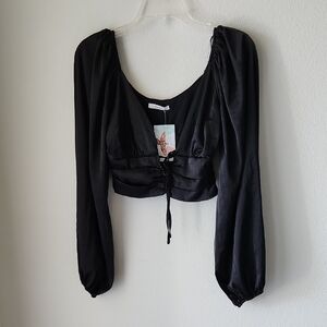 TIMING Black Long Sleeve Blouse "Start the Party" Crop Top Pleated Sz S NWT